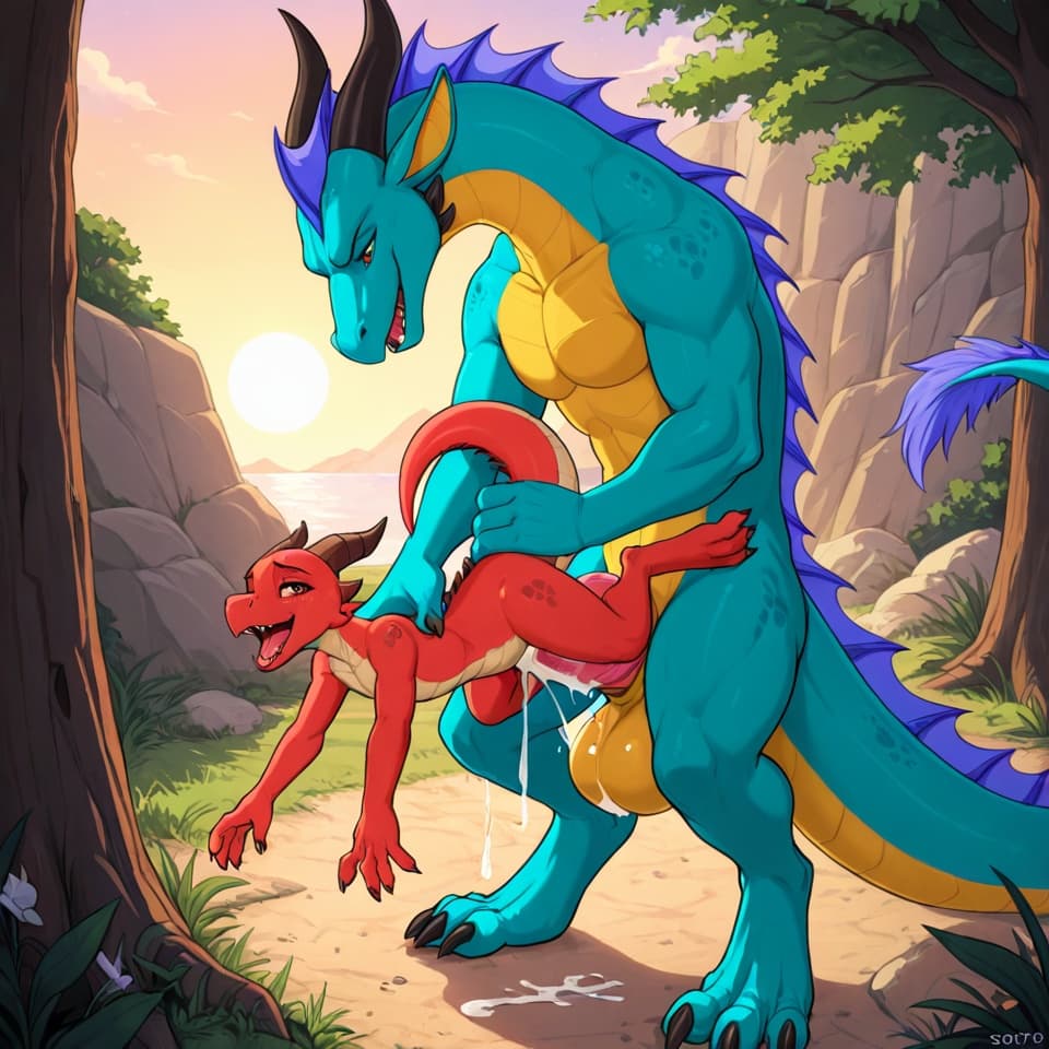 trio, dragon, kobold, male, female, larger_male, big_penis, size_difference, nude, vaginal_penetration, living_condom, cum_in_vagina, playful, outside, (feral_penetrating:1.3), (feral_male:1.3), (domi