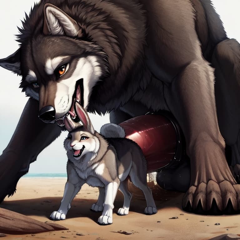 (Male wolf, big_penis, (feral:1.3)), +(female rabbit (feral:1.3)), male_penetrating, female_penetrated, fully_inside, size_difference, larger_male, extreme_size_difference, extreme_penetration,