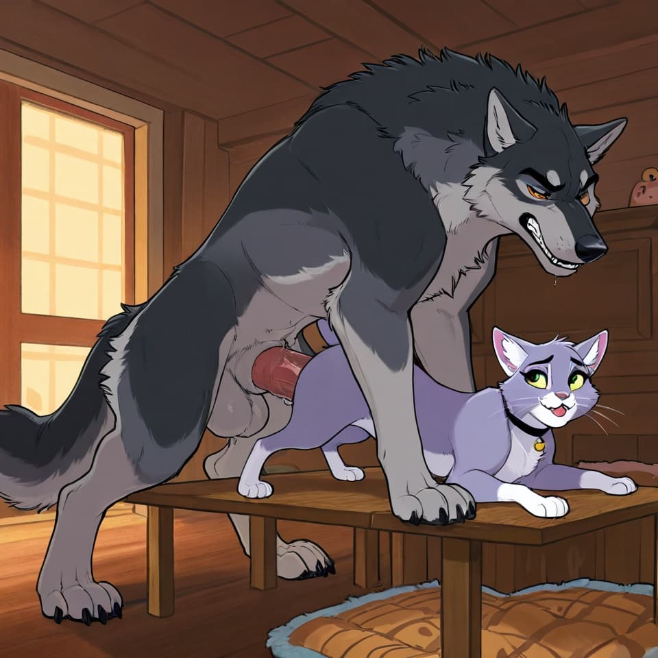 (Male wolf, huge, (feral:1.3), humanoid_penis), (female house_cat, (feral:1.3)), sex, peneyration, feral_on_feral, feral_penetrating_feral, size_difference, larger_male,