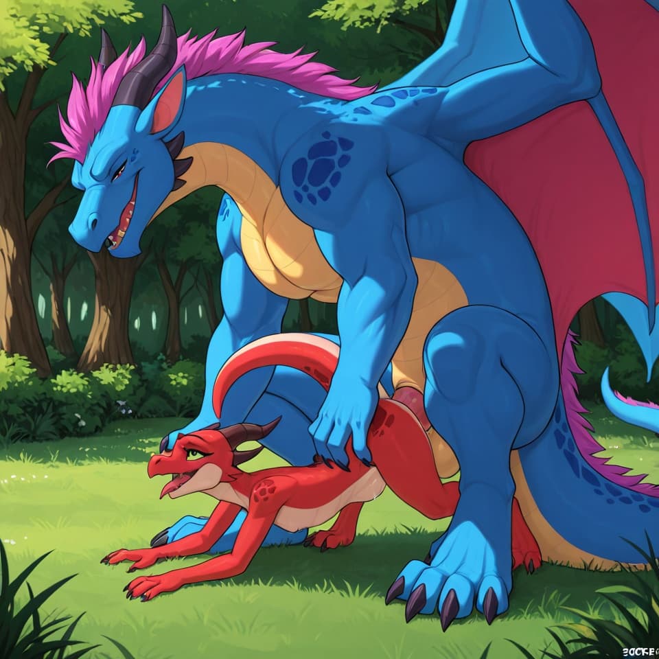 threesome, (Male dragon blue (feral:1.3)), +(female kobold green (feral:1.3)), +(female kobold red (feral:1.3)) male_penetrating, female_penetrated, fully_inside, size_difference, larger_male, extrem