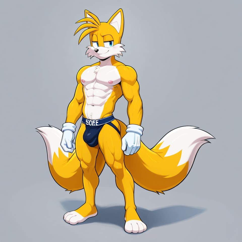 male fox , Nine by Sonic, yellow_fur, 2_tails, muscular, adult anatomy ,abs, six-pack, standing, white_gloves, jockstrap, detailed_bulge, mediun bulge, full body, three-quarter_view,