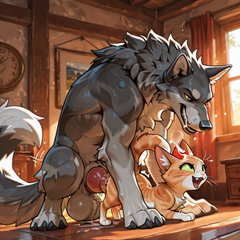 (Male wolf big_penis (feral:1.3)), +(female cat (feral:1.3)), male_penetrating, female_penetrated, fully_inside, larger_male, (extreme_size_difference:1.3), (extreme_penetration:1.3), vaginal_knotting