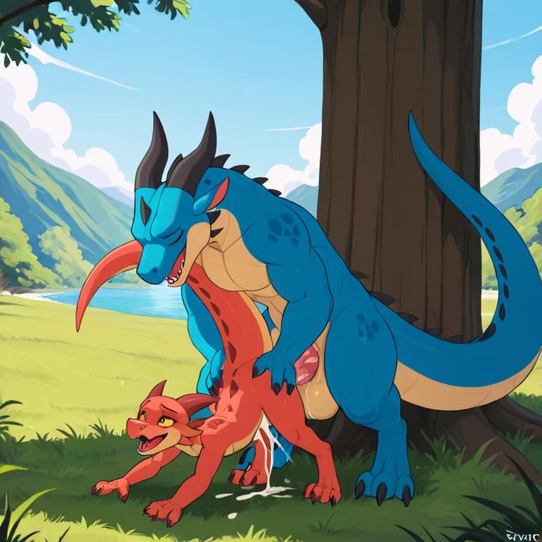 trio, dragon, kobold, male, female, larger_male, big_penis, size_difference, nude, vaginal_penetration, living_condom, cum_in_vagina, playful, outside, (feral_penetrating:1.3), (feral_male:1.3), (domi