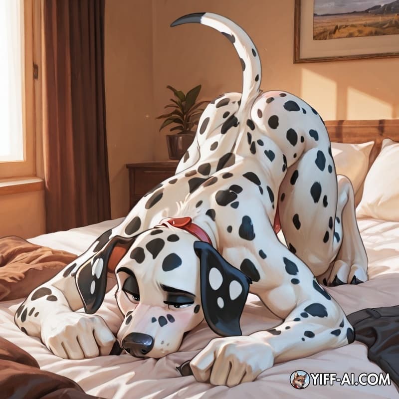 Solo, anthro, male, dalmatian, muscular_anthro, teenager, digitigrade, big_feet, autofellatio, beedrom, bed, very_horny,