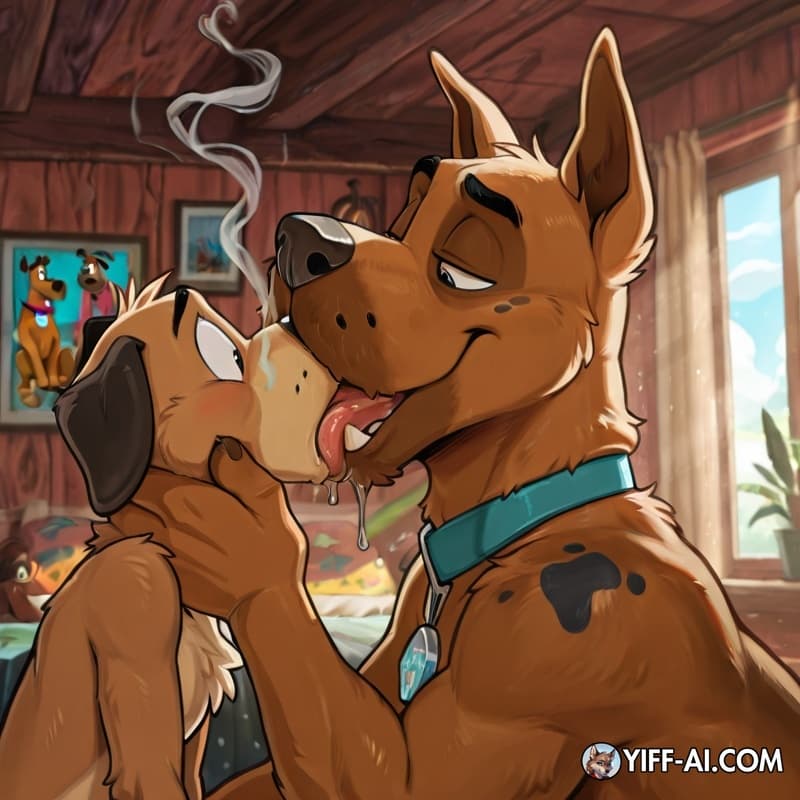 duo, furry, dog, anthro, male, gay, oral_vore, stoned, courage_the_cowardly_dog, swallowing, Scooby, smoking_marijuana, french_kissing,