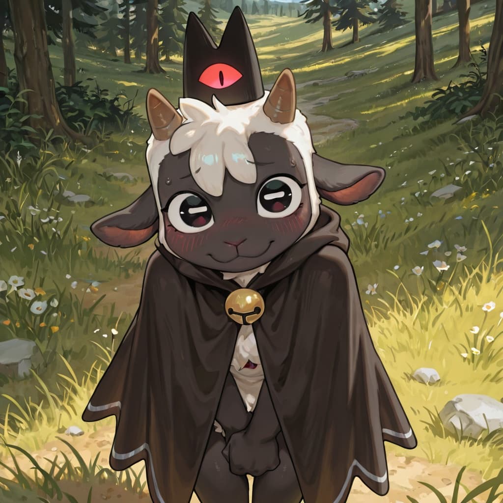 (by bebebebebe:1.3), male, hair, (lamb_(cult_of_the_lamb) cloak_only), (black_fur white_hair), blushing_at_viewer, outdoors, grass, blushing_at_viewer, covering_crotch, covering_self,