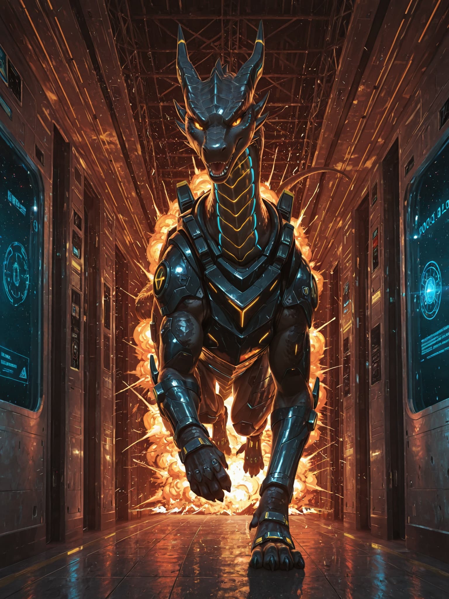 solo, dragon, (feral), female, black_scales, running, running_towards_viewer, long_hallway, spacecraft_corridor, explosion_in_background, sparks_flying, determined_expression, futuristic_armor, furgon