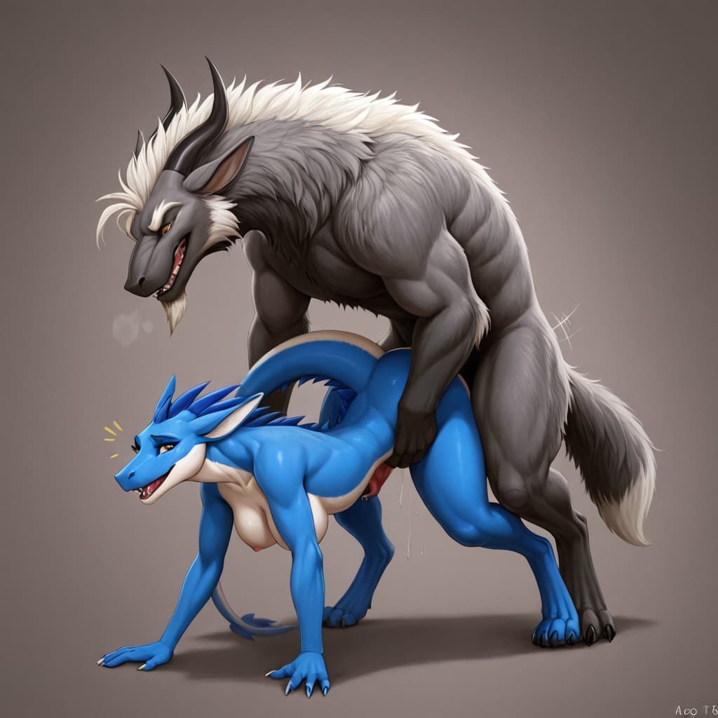 By_neshi, anthro, female, dragon, furred_dragon, small_breasts, slim_anthro, digitigrade, three_toes, dragon_claws, stretched_pussy, ridiculous_fit BREAK feral, realistic_feral, wolf, quadruped, wolf_