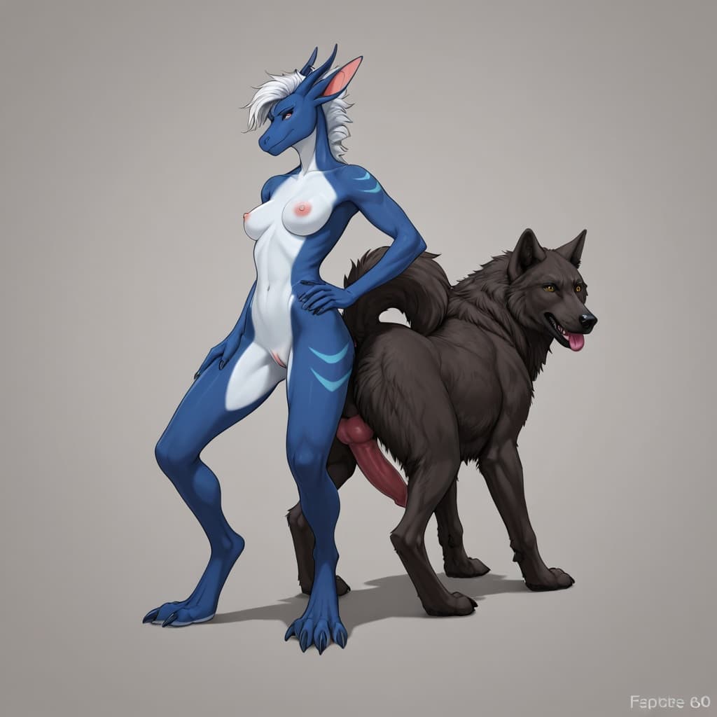 By_neshi, anthro, female, dragon, furred_dragon, small_breasts, slim_anthro, digitigrade, three_toes, dragon_claws, stretched_pussy, ridiculous_fit BREAK feral, realistic_feral, wolf, quadruped, wolf_