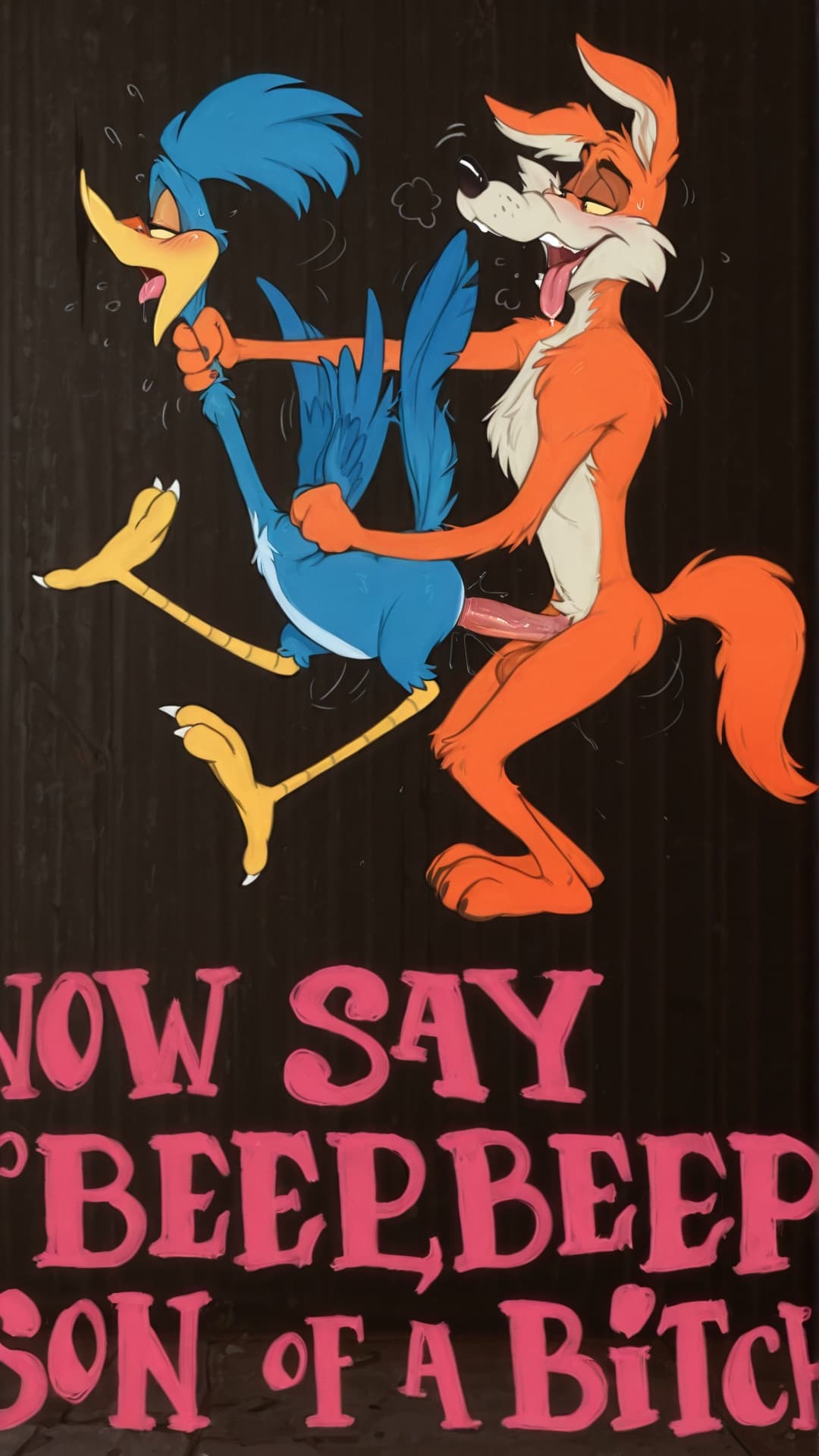 (by_anti_dev:1.4), duo, anthro, male/ambiguous, canid, coyote, avian, roadrunner, beak, warner_brothers, looney_tunes, wile_e._coyote, road_runner_(looney_tunes), black_background, from_behind_posi