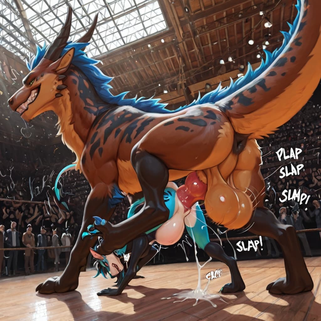 feral_penetrating_anthro, bestiality, intraspecies_bestiality, feral_wolf, huge_penis, knotted_penis, huge_balls, saggy_balls, swinging_balls, anthro_dragon, furred_dragon, slim_anthro, digitigrade, d