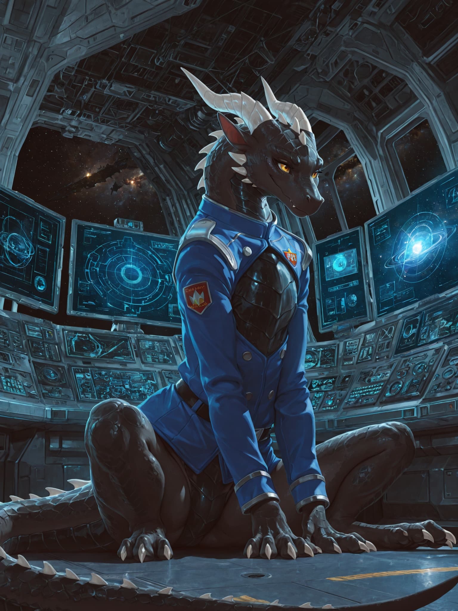 solo, dragon, (feral), female, black_scales, feral_sitting_upright_with_pride, sitting_in_middle_of_spacecraft_bridge, furgonomics, white_horns_and_claws, bright_yellow_eyes, flat_chested, sitting_on_