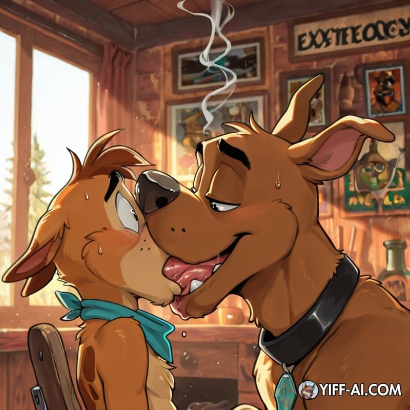 male, furry, gay, stoned, soft_vore, smoking_marijuana, cartoon, courage the cowardly doggy, Scooby doo, extreme_french_kiss,