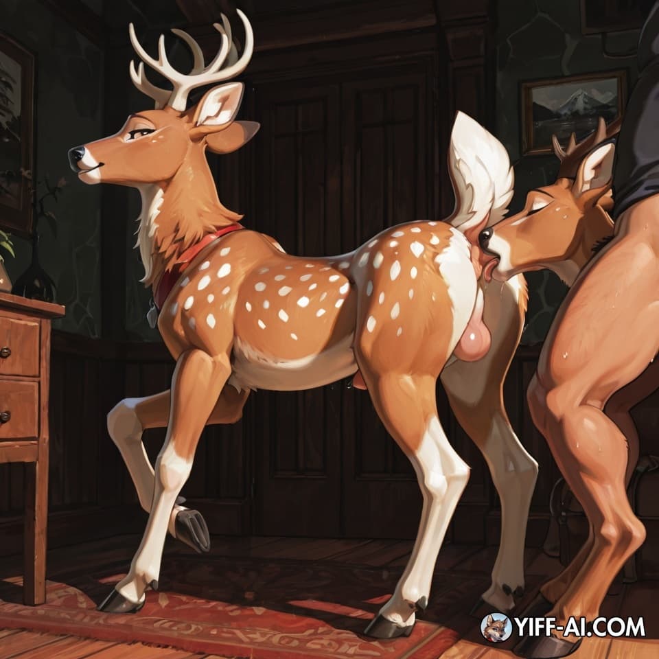 Man rimming whitetail deer tailhole, gay bestiality, the whitetail's rear is displayed with his tail raised framed by his haunches, human zoophilia with feral, caucasian man giving a rimjob to a white