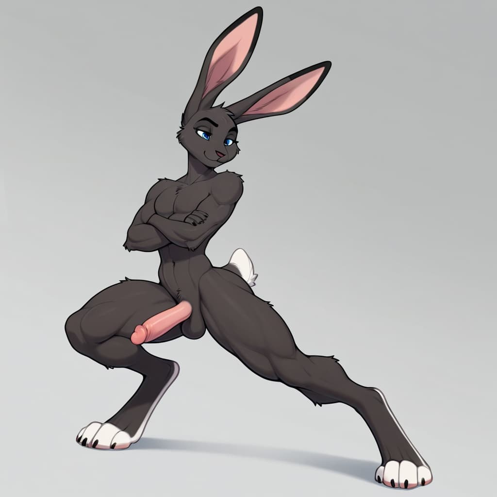 Solo, male, anthro, jackrabbit, black_fur, white_tail, muscular_thighs, muscular_legs, slim_upper_body, long_ears, digitigrade_feet, blue_eyes, medium_penis