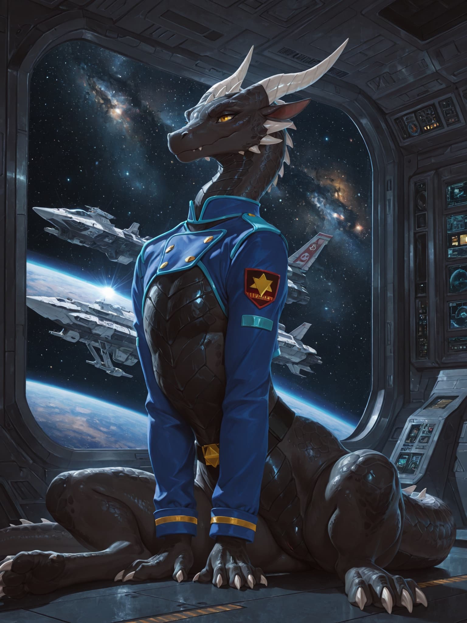 solo, dragon, (feral), female, black_scales, sitting, sitting_upright_with_pride, sitting_in_middle_of_spacecraft_bridge, furgonomics, white_horns_and_claws, bright_yellow_eyes, flat_chested, sitting_