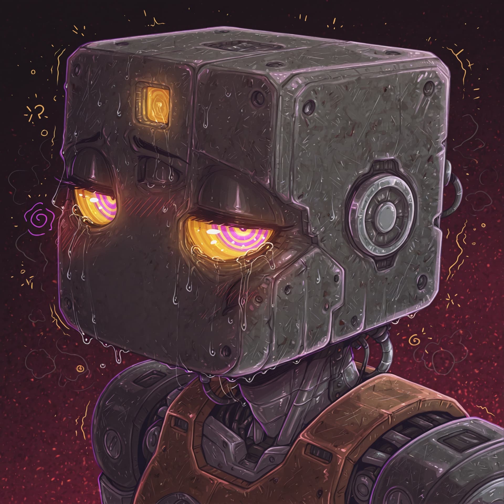 by dimwitdog, solo, extreme face close-up, male robot, cube head, hypnosis, mind_control, looking_at_viewer, no_mouth, faceless_character, feminization, flat face, wires, femboy, rusty, dented, ind