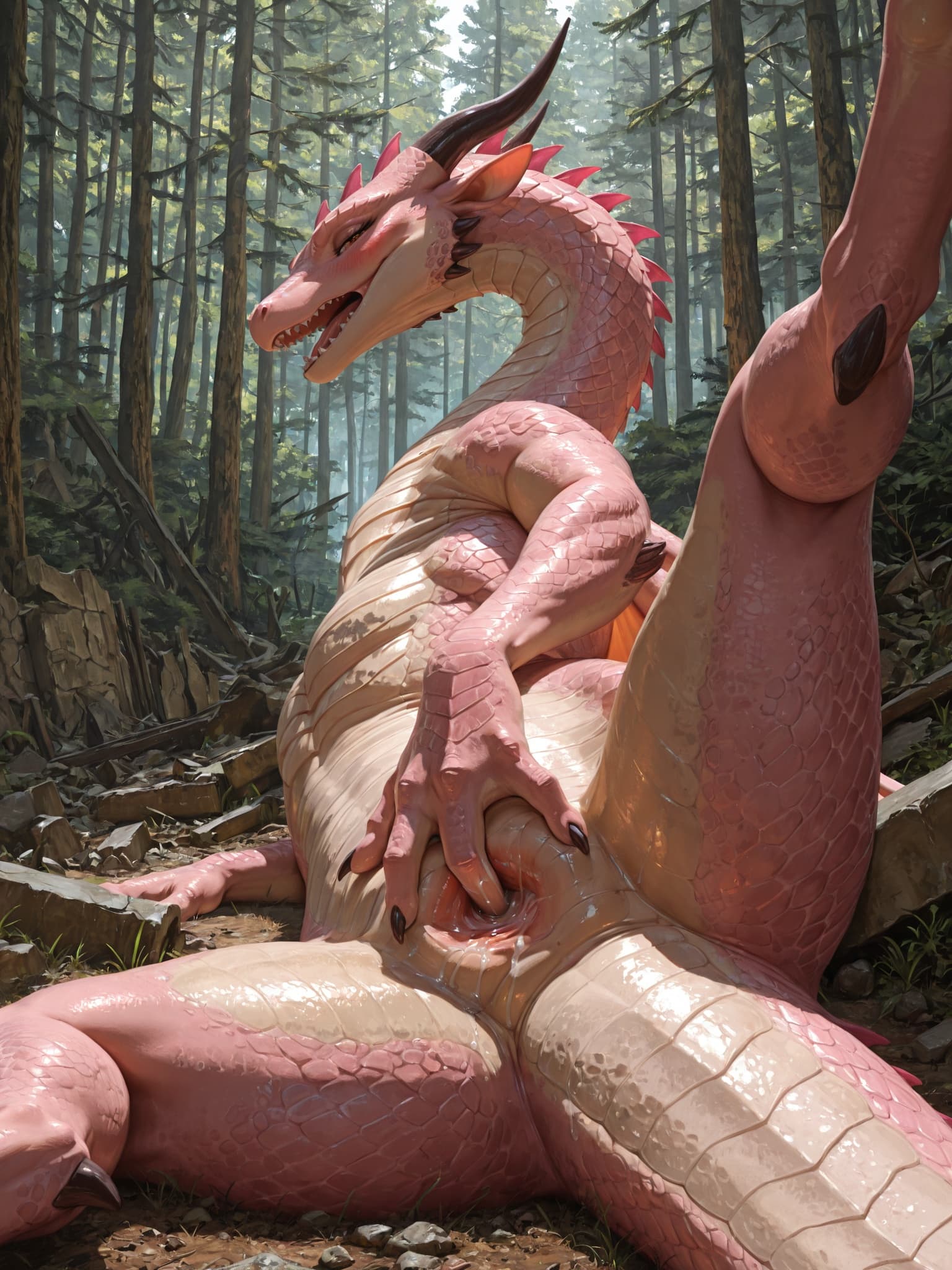 solo, dragon, feral, female, quadruped, ((triangular_cloaca)), (spreading), genital_fluids, masturbation, fingering_self, (prolapsed_cloaca), lying_on_side, seductive, looking_pleasured, open_mouth, b