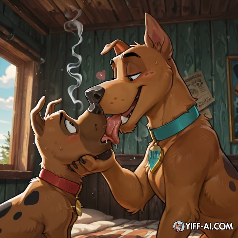 duo, furry, dog, anthro, male, gay, oral_vore, stoned, courage_the_cowardly_dog, swallowing, Scooby, smoking_marijuana, french_kissing, soft_vore,