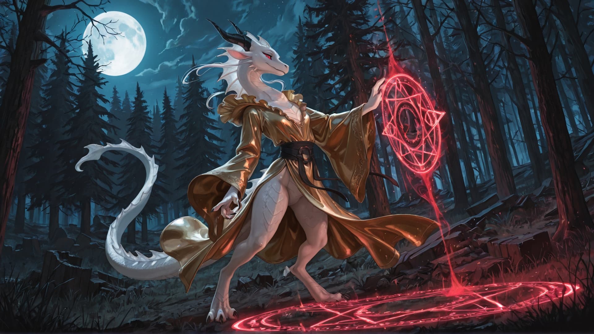 solo, dragon, feral, female, quadruped, standing_on_hind_legs, furgonomics, flowing_golden_robe, flat_chested, white_scales, frill_(anatomy), black_horns_and_claws, bright_red_eyes, magic_user, red_ma