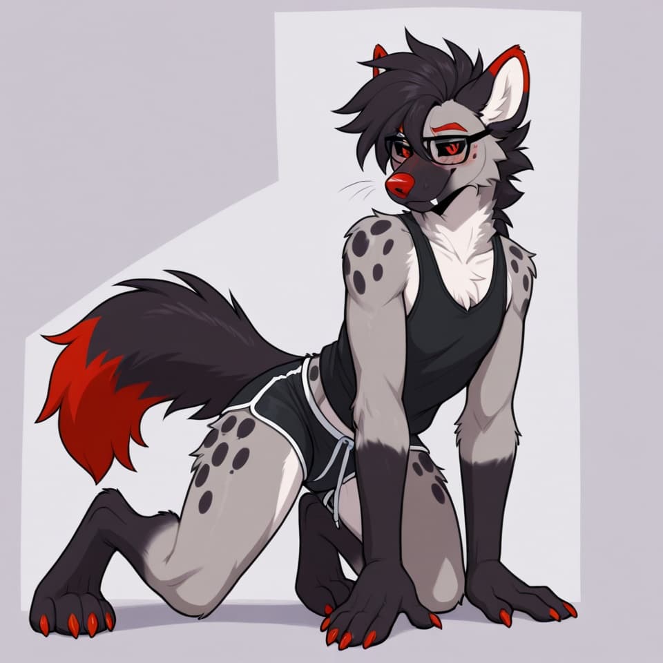 anthro, wolf, male, black_fur, slim_build, lean_body, white_upper_muzzle, black_lower_muzzle, long_muzzle, white_neck_mane, black_body_fur, black_hands, red_eyebrows, red_irises, black_sclera, red_nos
