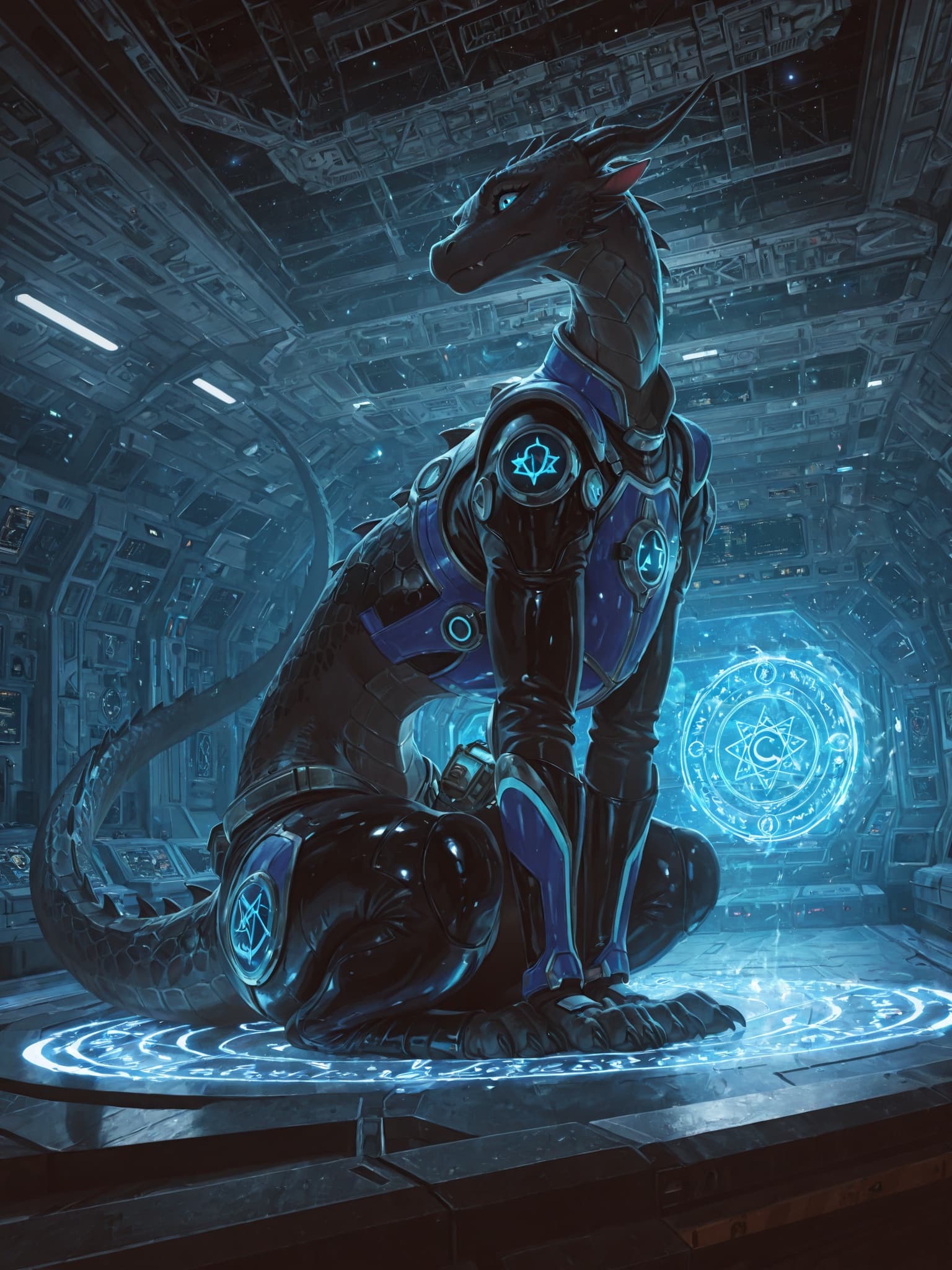 solo, dragon, ((feral)), female, black_scales, space_captain’s_uniform, (((sitting_on_raised_dais))), (sitting_on_haunches), (floating_runes_around_dais), (sitting_upright), large_spacecraft_bridge, o
