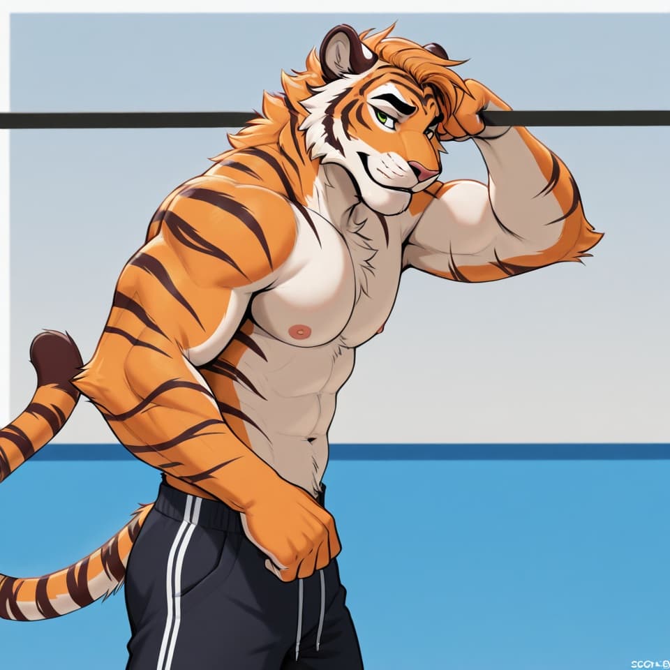 Solo, anthro, tiger, shirtless_male, black gym shorts, green eyes, bearish_build/buff