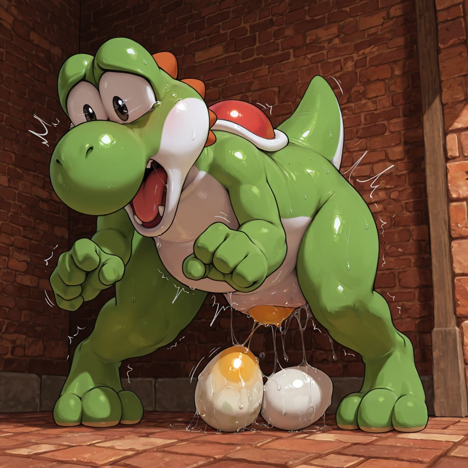 solo, feral, nintendo, mario_bros, yoshi, green_body, chibi, cloaca, egg, oviposition, egg_from_cloaca, straining, screaming, standing, bent_over,