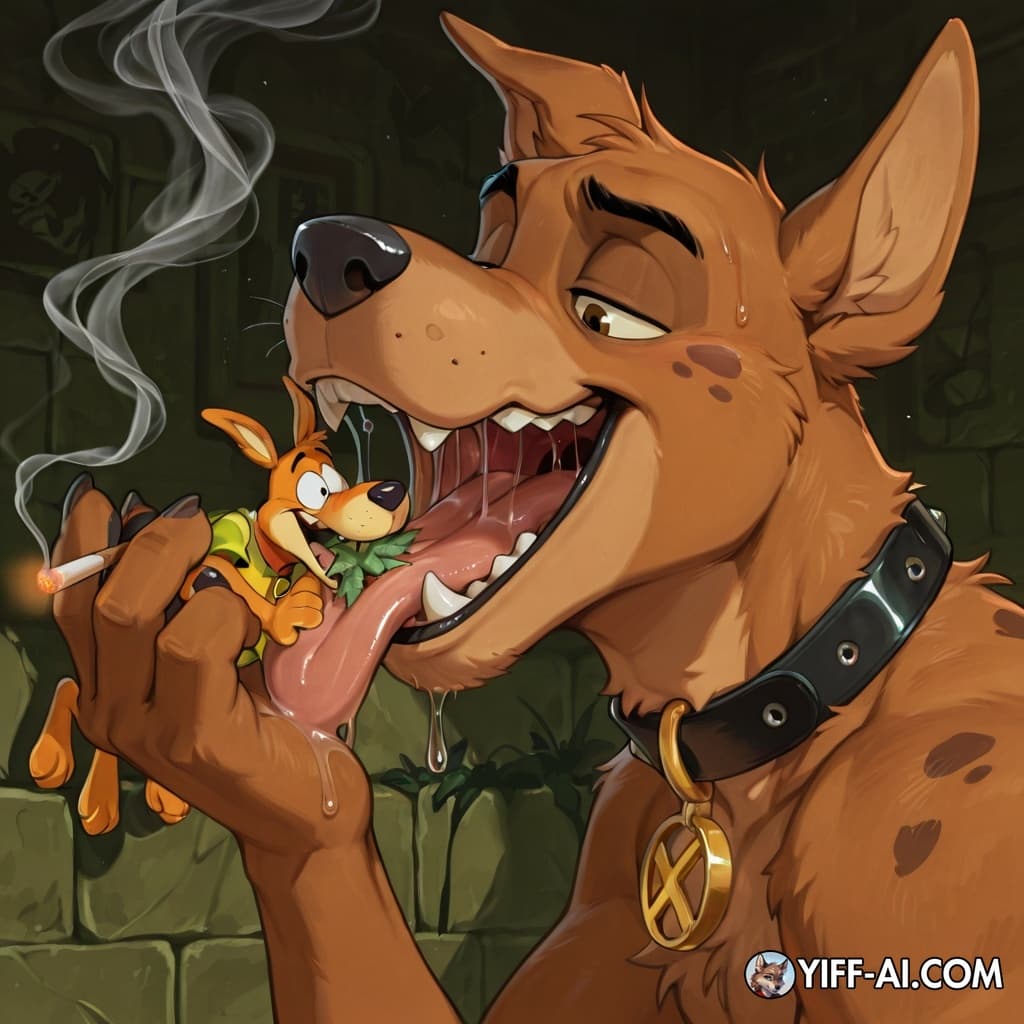 male, furry, gay, stoned, soft_vore, oral_vore, same_size_vore, smoking_marijuana, cartoon, courage the cowardly doggy, Scooby doo oral_vore, mawplay in mouth while smoking