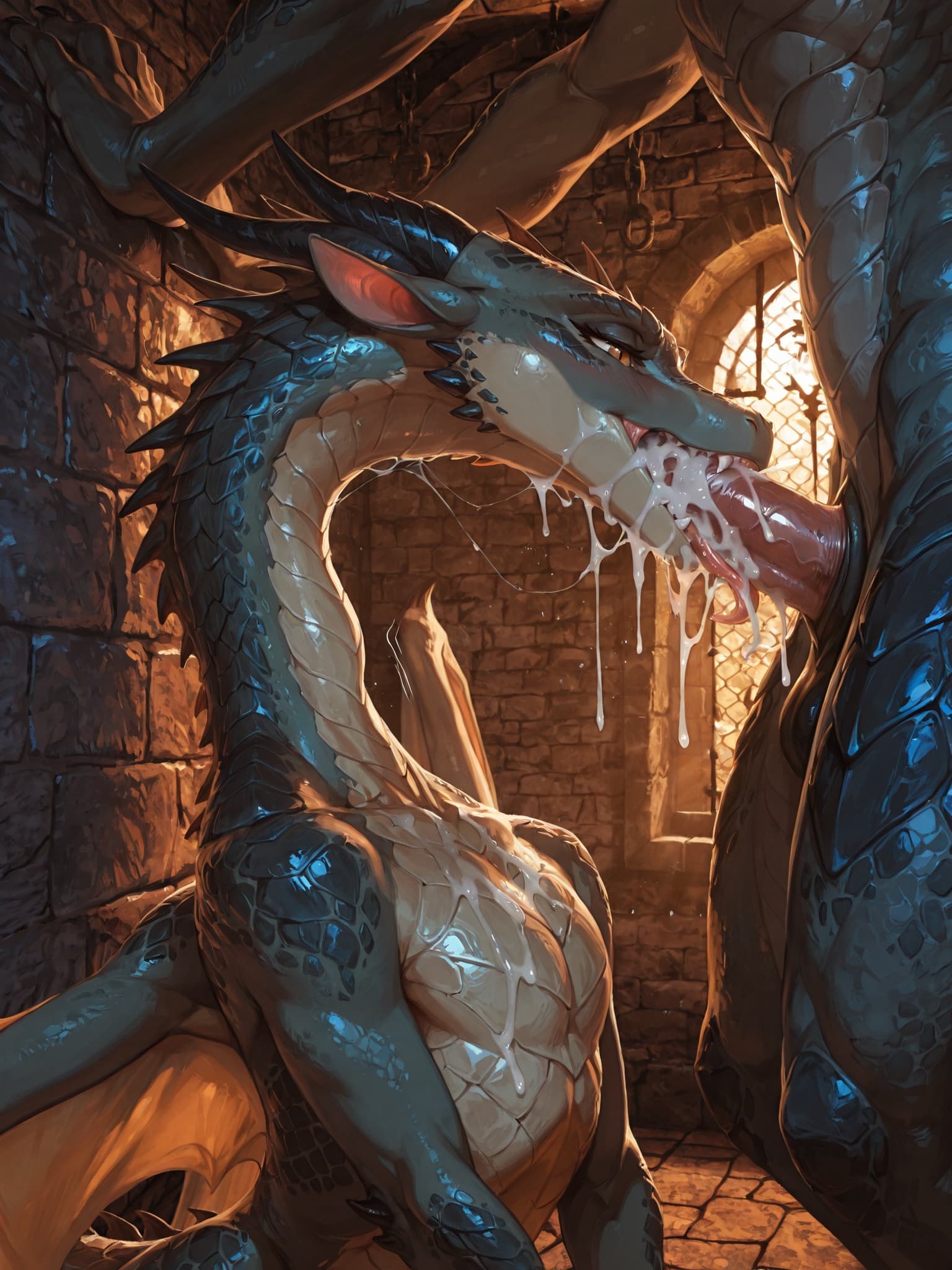 A feral quadruped dragon receiving fellatio from another dragon. male/female, flat_chested, tapering_penis, duo, dungeon, ventral_scales, cum_in_mouth,