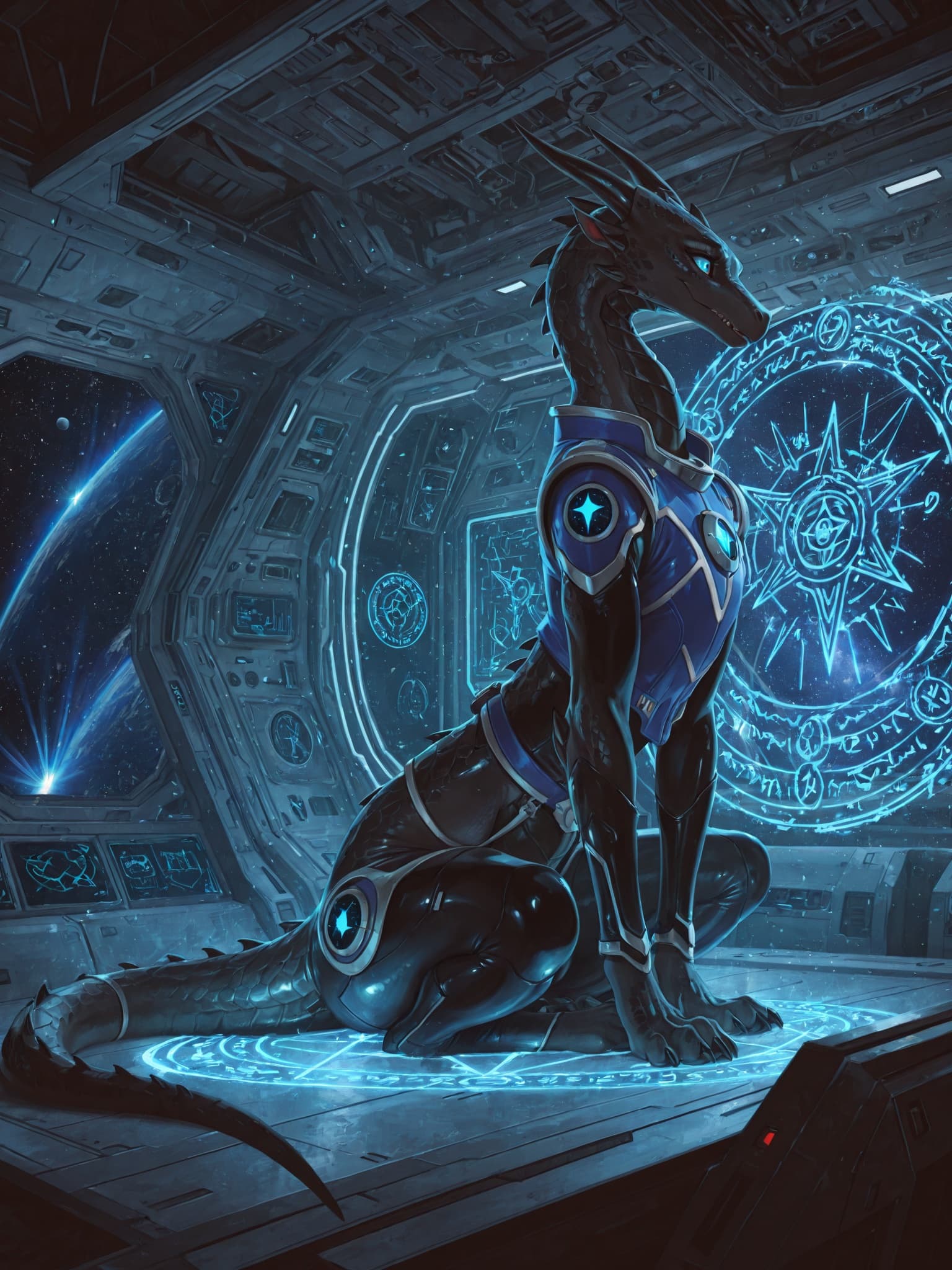 solo, dragon, (feral), female, black_scales, space_captain’s_uniform, (((sitting_on_raised_dais))), sitting_on_haunches, (floating_runes_around_dais), (sitting_upright), large_spacecraft_bridge, opera
