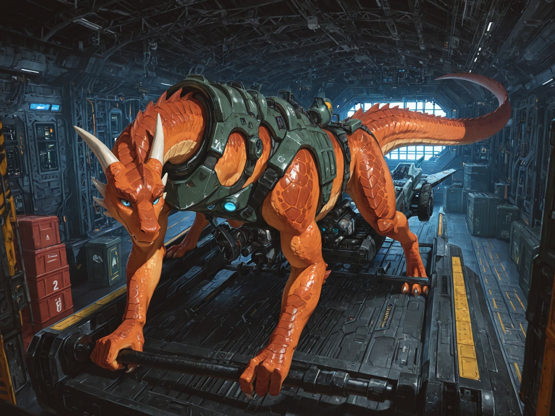 Solo, dragon, (feral), quadruped, orange_scales, white_horns_and_claws, bright_blue_eyes, pushing_hover_cart, loading_cargo, large_spacecraft_hangar, small_docked_spacecraft_in_hangar, furgonomics, po