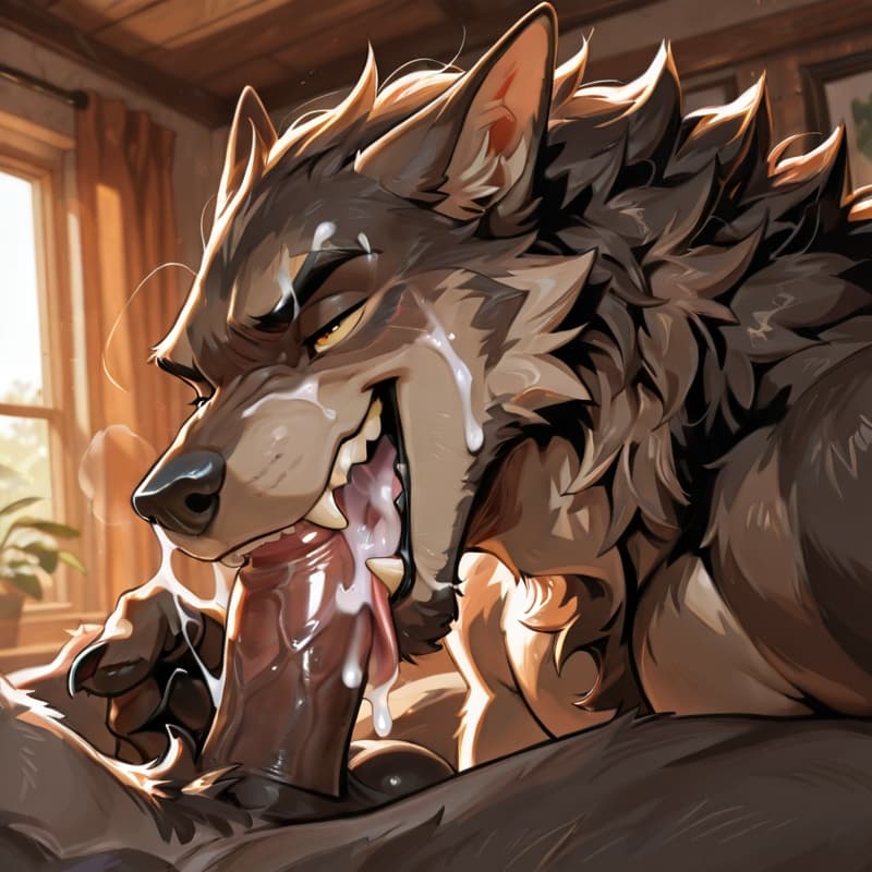 Werewolf giving a blowjob to a human, male/male, cum_in_mouth, cum_on_face, toothy_grin, happy_sex, love, looking_pleasured, penis_lick,