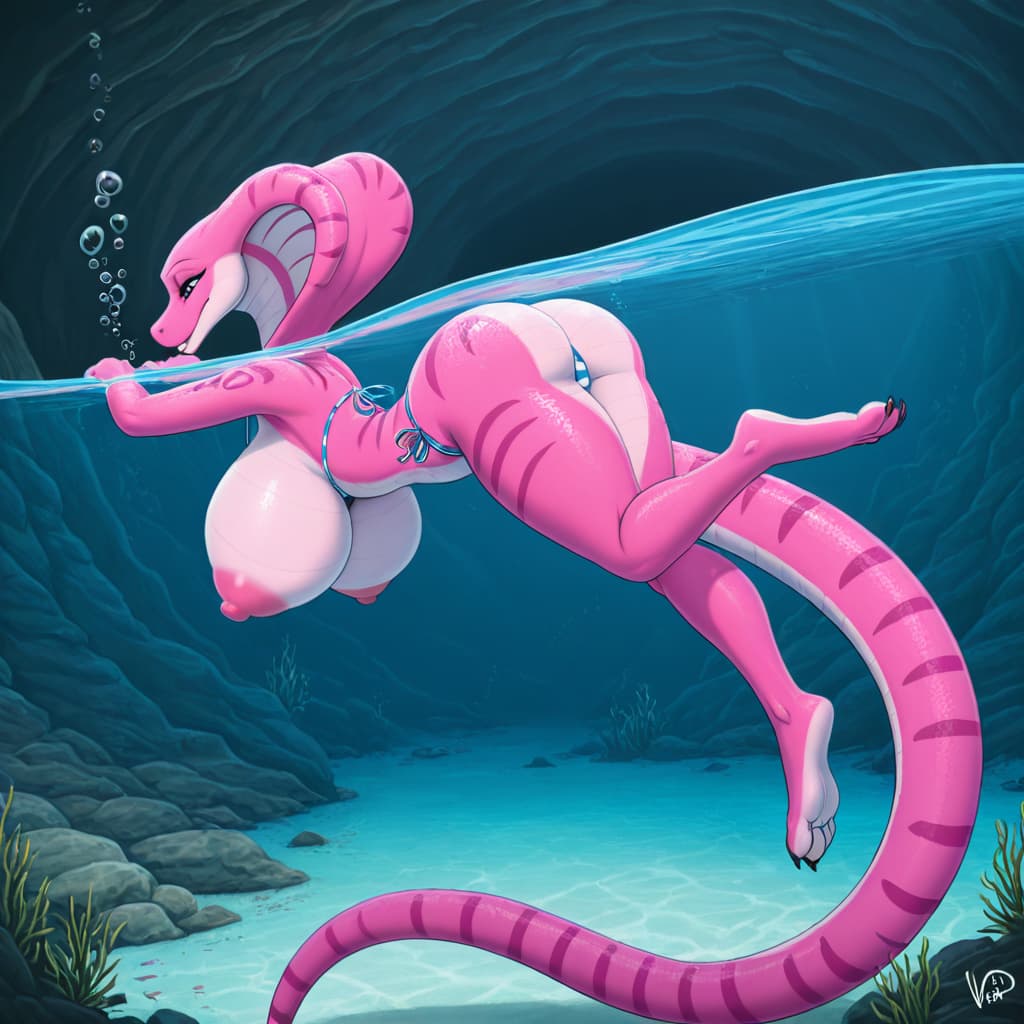 By Vader-San, by zairiza , Anthro Cobra, Pink skin, pink scales, Pink body, Big nipples, snake_hood, solo_focus, striped_bikini, underwater, stripping, strip, floating, swimming, butt, drowning, ca