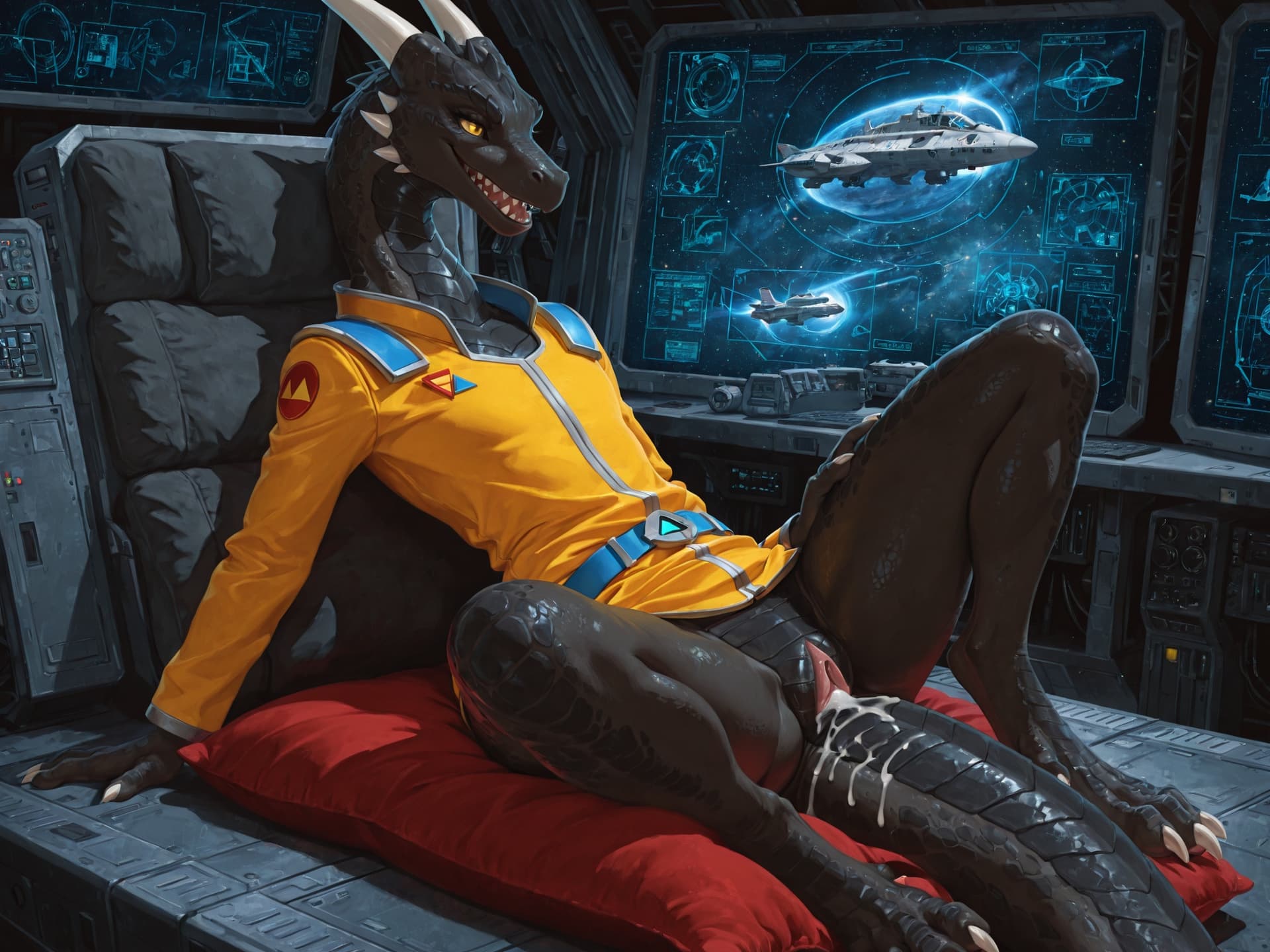 solo, dragon, (feral), female, black_scales, (((triangular_cloaca))), lying_on_ cushions, spread_legs, (prolapsed_cloaca), mischievous_smile, sharp_teeth, genital_fluids, cum_in_cloaca, middle_of_spac