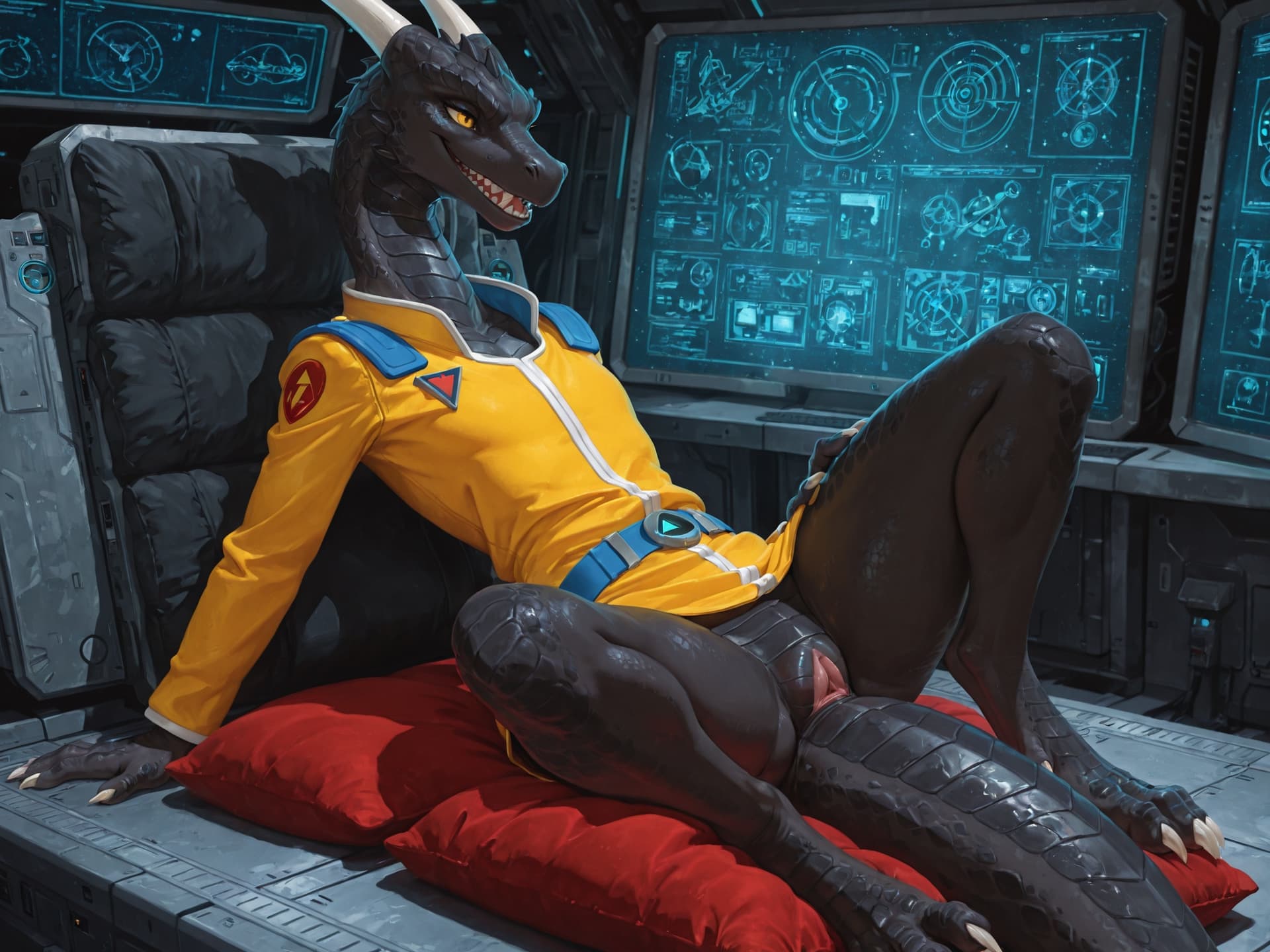 solo, dragon, (feral), female, black_scales, (((triangular_cloaca))), lying_on_ cushions, spread_legs, (prolapsed_cloaca), mischievous_smile, sharp_teeth, genital_fluids, middle_of_spacecraft_bridge,