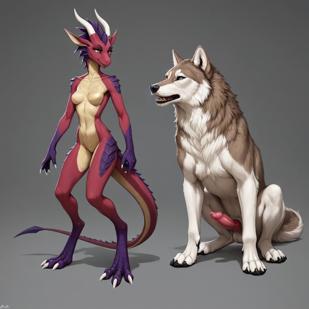 By_neshi, anthro, female, dragon, furred_dragon, small_breasts, slim_anthro, digitigrade, three_toes, dragon_claws BREAK feral, realistic_feral, wolf, quadruped, wolf_penis, erection, duo, side_by_sid