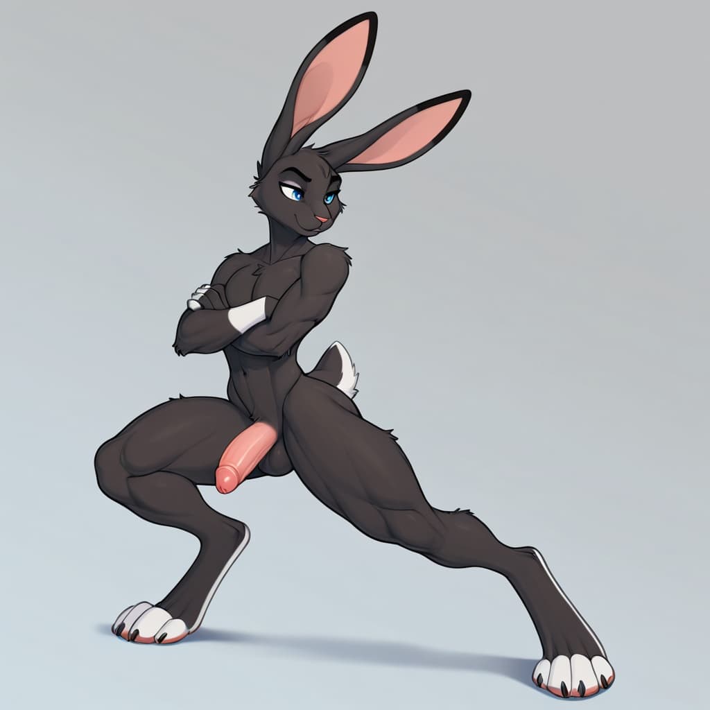 Solo, male, anthro, jackrabbit, black_fur, white_tail, muscular_thighs, muscular_legs, slim_upper_body, long_ears, digitigrade_feet, blue_eyes, medium_penis