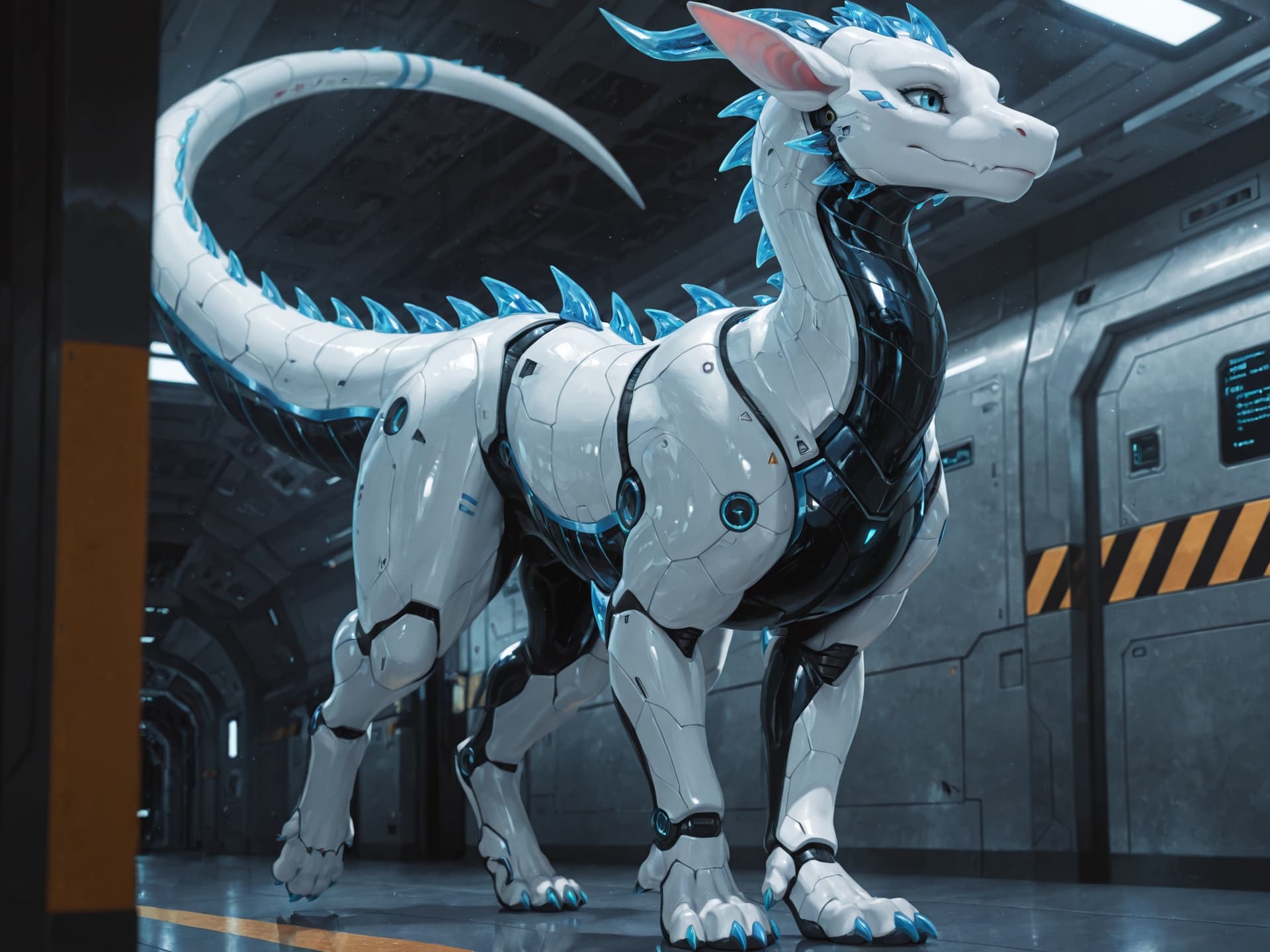 solo, dragon, (feral), quadruped, synthetic, robotic, walking, flat_chested, sleek, futuristic, white_body, blue_trim, blue_eyes, spacecraft_corridor, science_fiction, photorealism, depth_of_field, ul