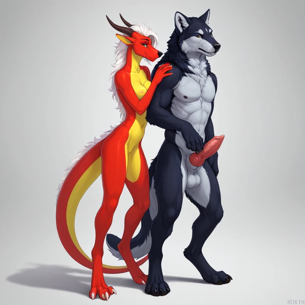 By_neshi, anthro, female, dragon, furred_dragon, small_breasts, slim_anthro, digitigrade, three_toes, dragon_claws BREAK feral, realistic_feral, wolf, quadruped, wolf_penis, erection, duo, side_by_sid