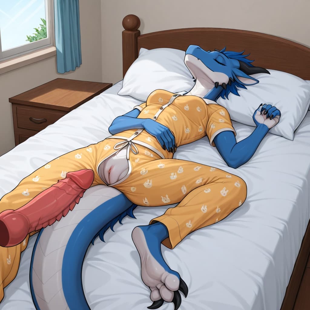 By_Neshi, anthro, female, dragon, furred_dragon, digitigade, digitigade_claws, three_toes, slim_anthro, small_breasts, small_waist, sleeping, pajamas, accidental_exposure, bedroom, exposed_pussy, dise