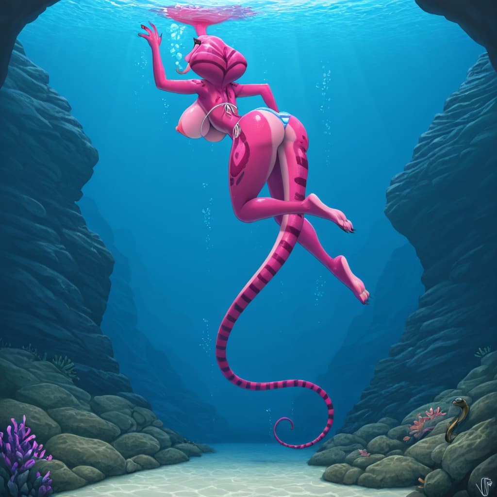 By Vader-San, by zairiza , Anthro Cobra, Pink skin, pink scales, Pink body, Big nipples, snake_hood, solo_focus, striped_bikini, underwater, stripping, strip, floating, swimming, butt, drowning, ca