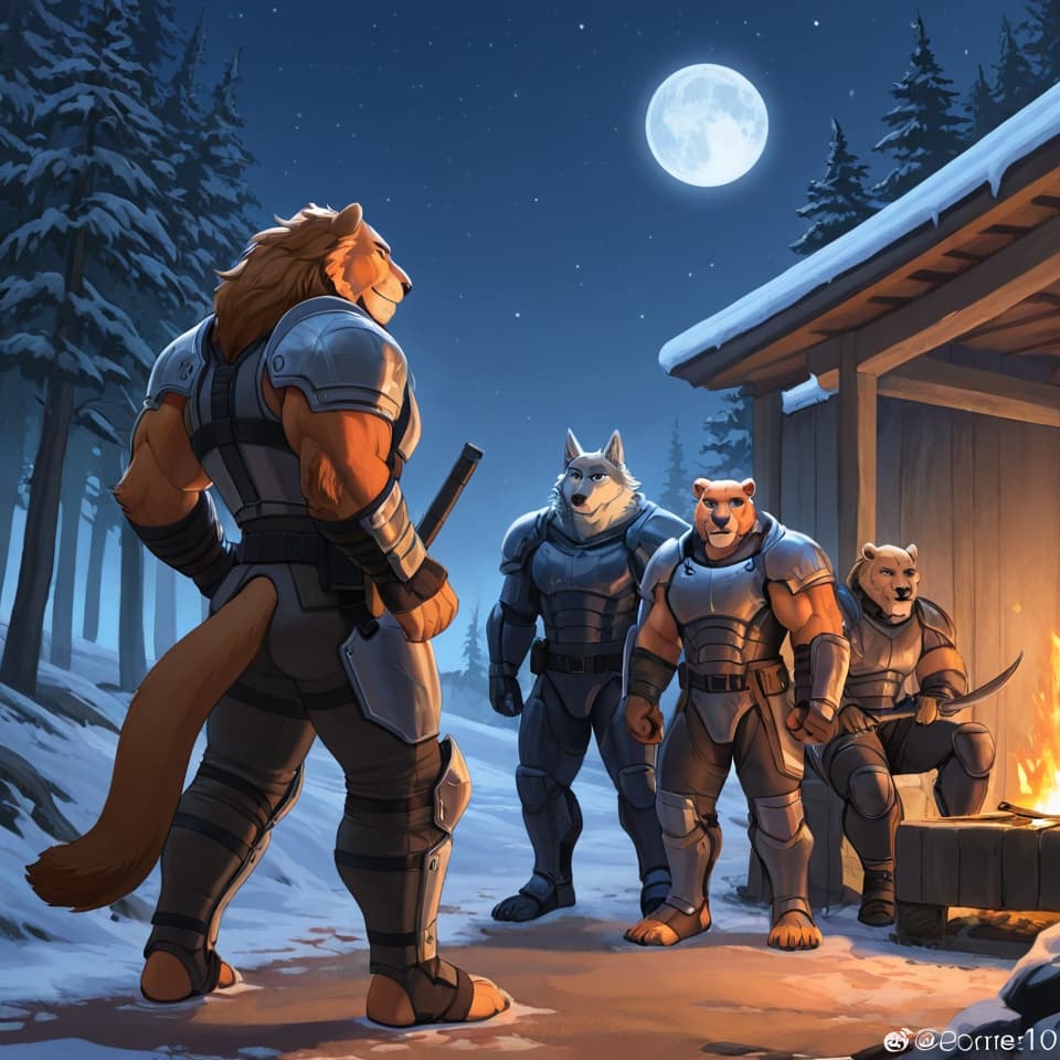 masterpiece, best_quality, ultra_detailed, highres,
group of muscular anthro warriors (tigers, bears, wolves, lions),
ancient spartan camp at night, campfires, armor and weapons around,
strong masc