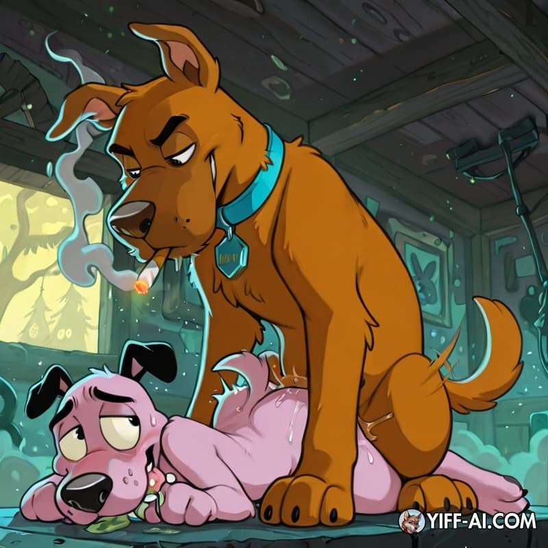 furry, dog, Anthro, male/male, male_penetrating_male, stoned, courage_the_cowardly_dog, Scooby, smoking_marijuana, soft_vore, smoke_from_mouth, same_size_vore,