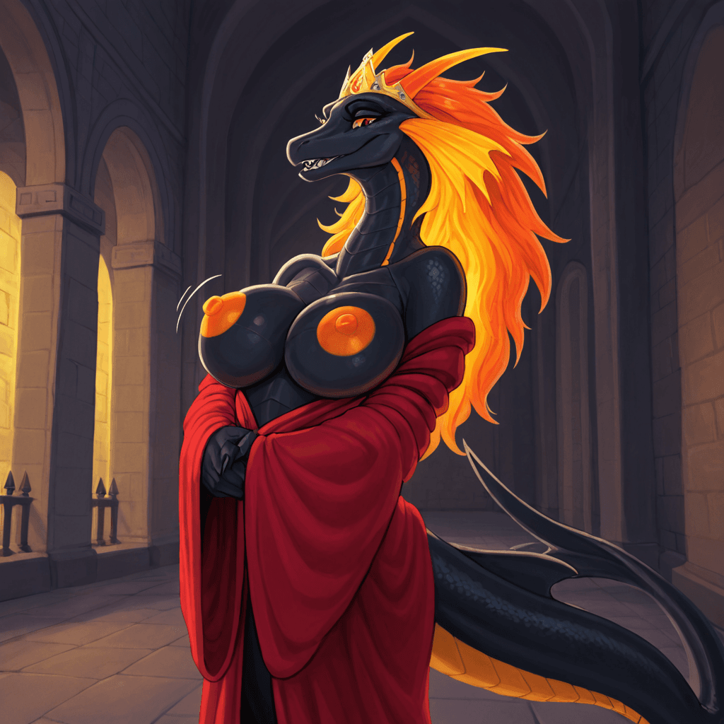 by jetshark, by trout (artist) by klongi Kalia black body, yellow skin, orange_Nipples, Orange vagina orange hair black_scales Orange horns, tail_fin, robe, queen, crown solo_focus, wardrobe_malfunct