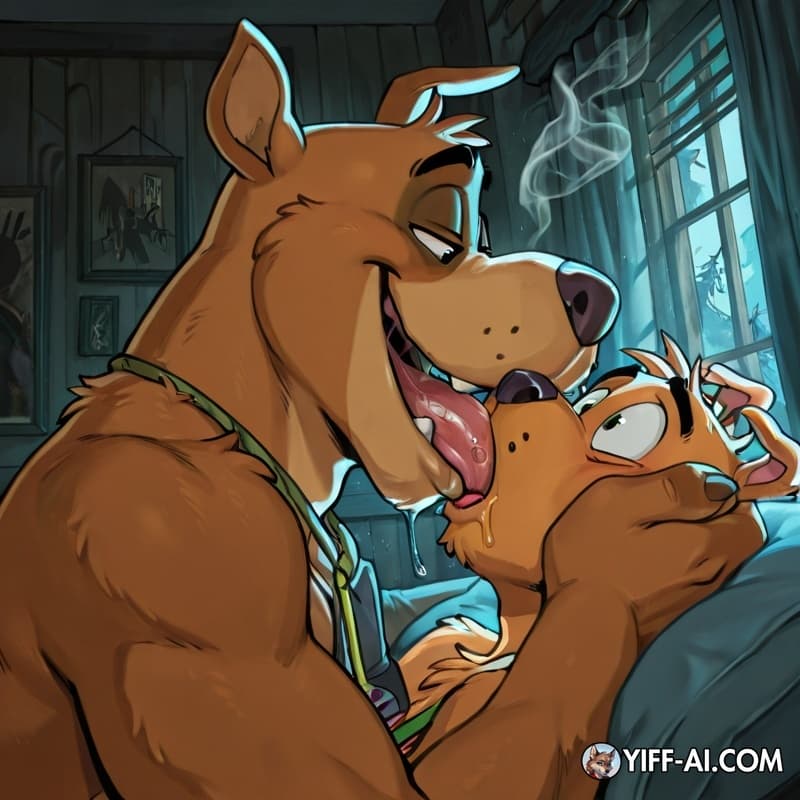 male, furry, gay, stoned, soft_vore, smoking_marijuana, cartoon, courage the cowardly doggy, Scooby doo, extreme_french_kiss,