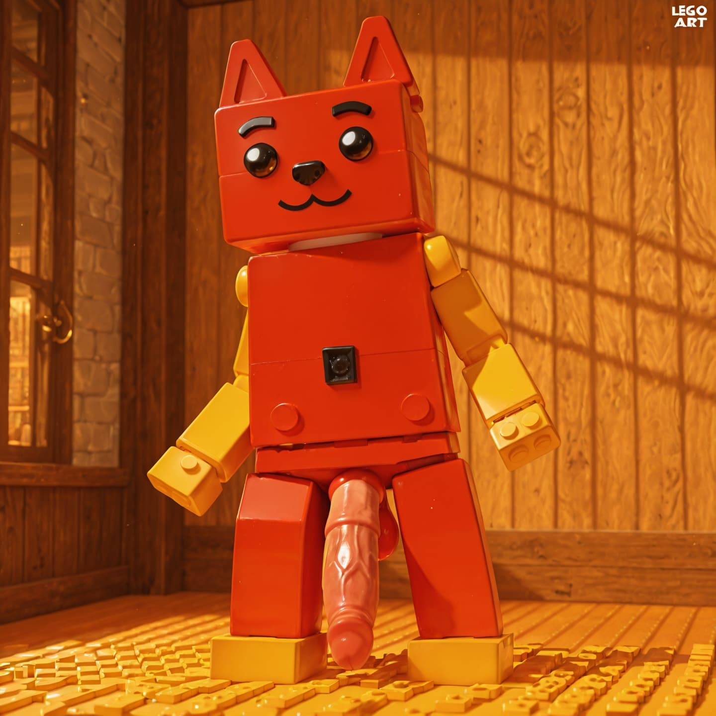 (Lego_art:1.4), solo, anthro, male, canid, standing, legos, made_of_legos, bottomless, penis, blocky_penis, lego_penis, penis_made_of_legos,