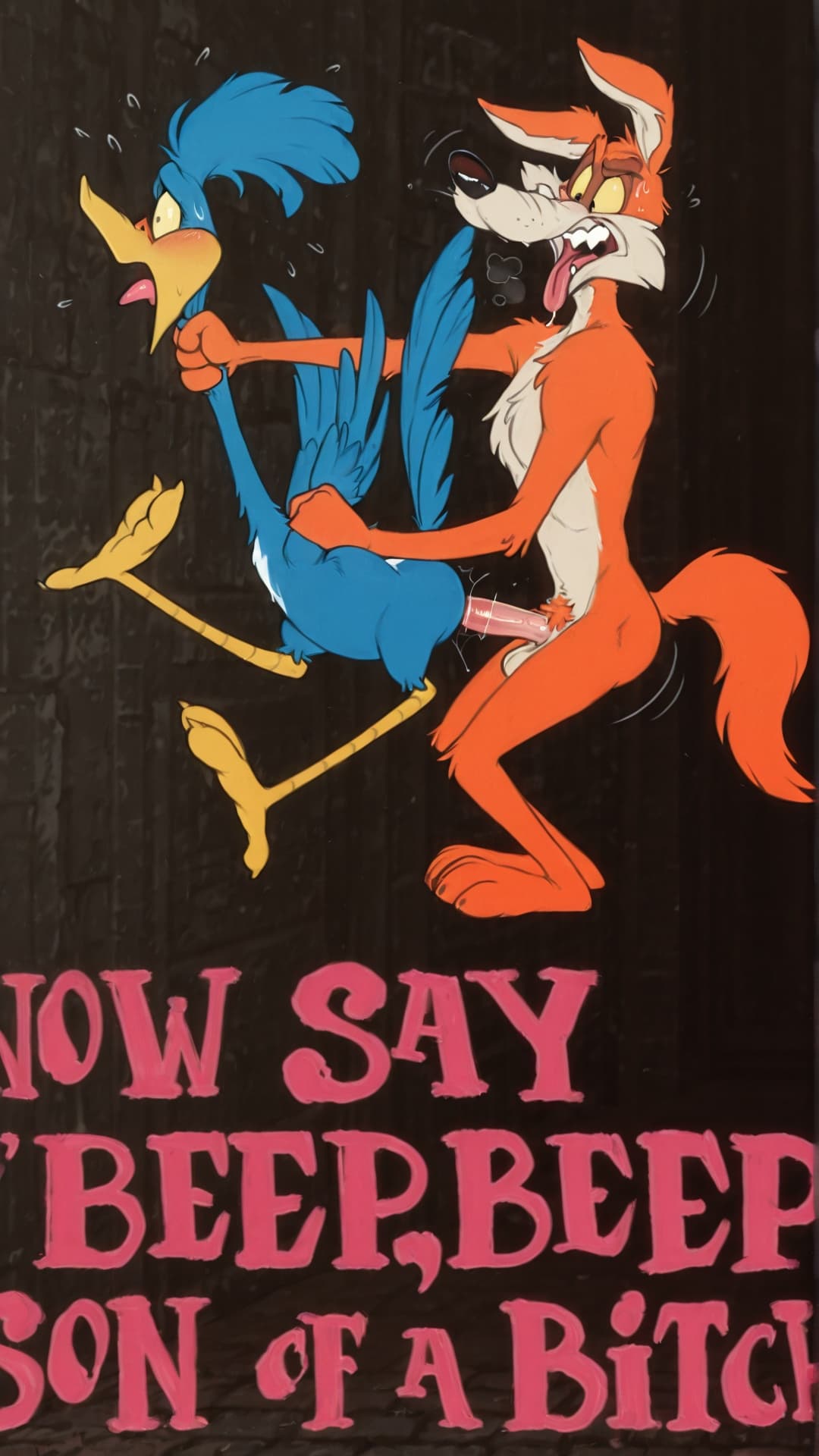 (by_anti_dev:1.4), duo, anthro, male/ambiguous, canid, coyote, avian, roadrunner, beak, warner_brothers, looney_tunes, wile_e._coyote, road_runner_(looney_tunes), black_background, from_behind_posi