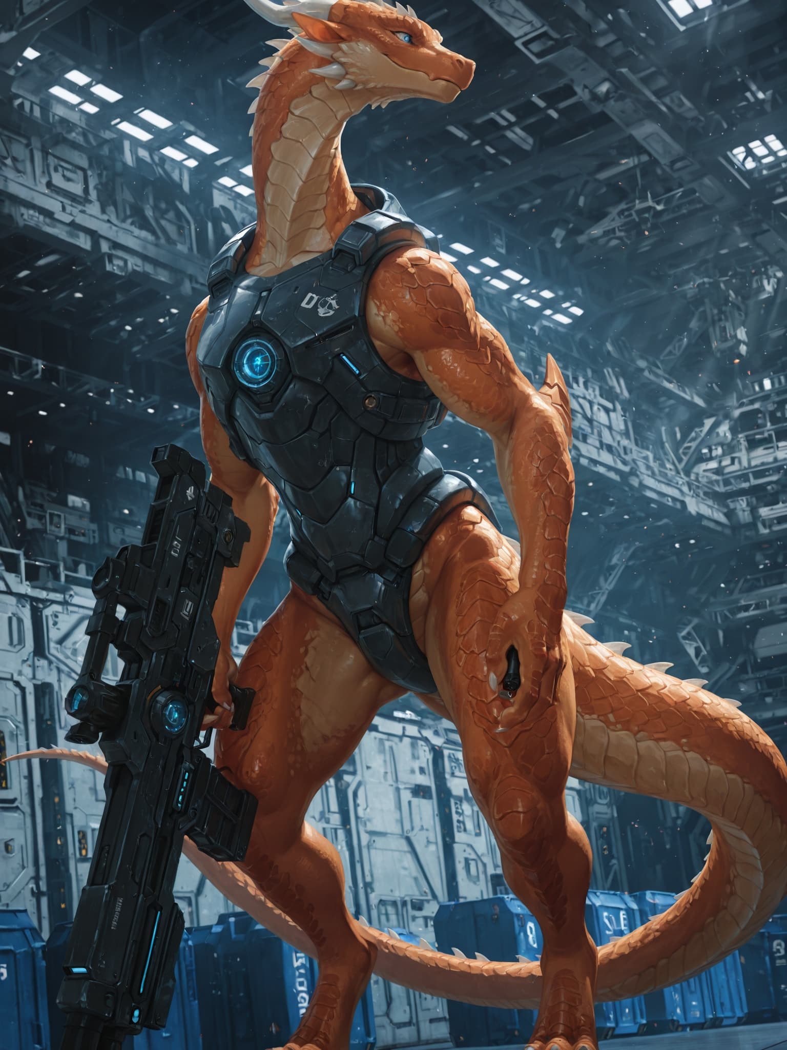 solo, dragon, (feral), quadruped, orange_scales, white_horns_and_claws, bright_blue_eyes, standing_on_hind_legs, holding_futuristic_cannon, holding_ranged_weapon, large_spacecraft_hangar, small_docked