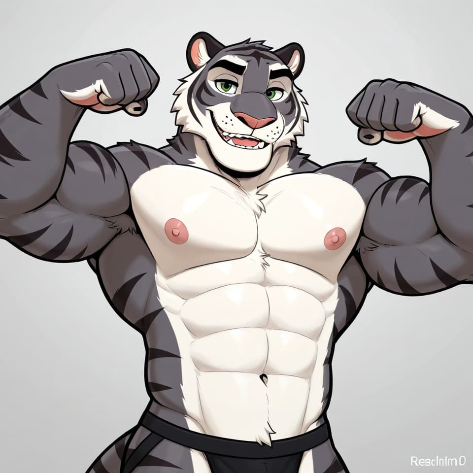 Solo, anthro, zootopia tiger, shirtless_male, black jock strap, green eyes, bearish_build/buff/large muscles, realstic tiger, have him flexing